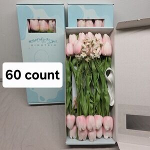 60Pcs Light Pink Artificial Flowers Tulips Real Touch Latex Plastic Soft Faux
